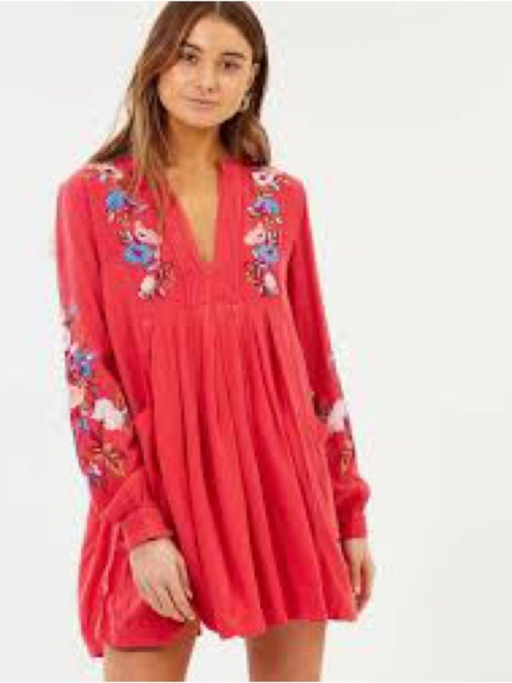 Free People Coral Embroidered Boho Mini Dress Long Sleeve Floral Tunic Size M